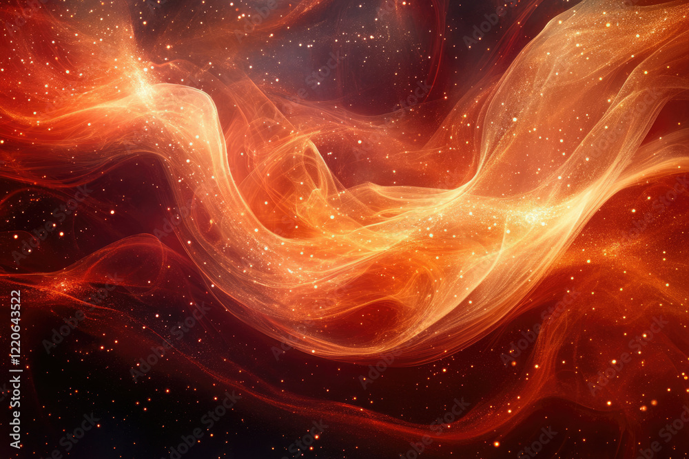 Fototapeta premium Abstract cosmic nebula with swirling orange and red gaseous clouds, interspersed with glittering stars.