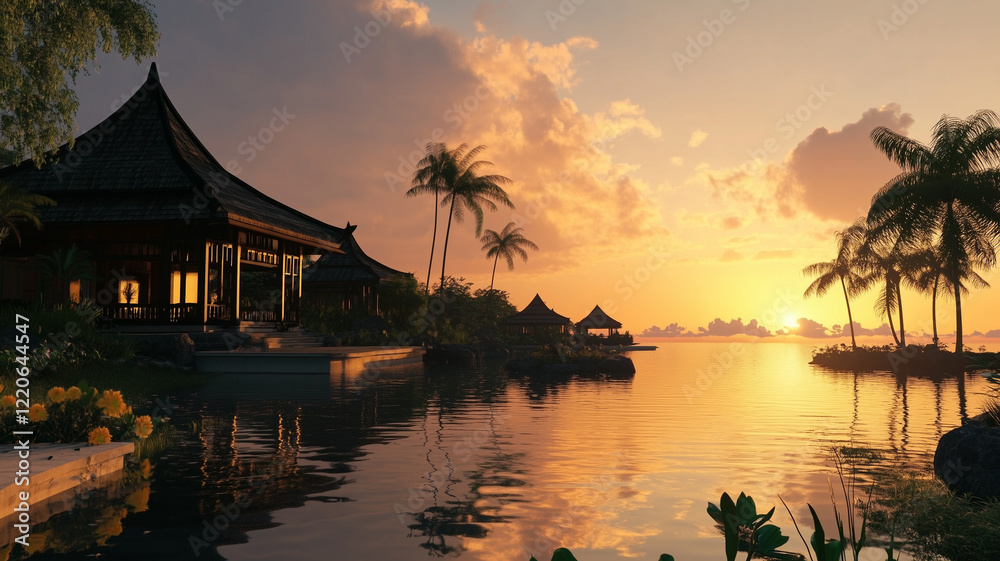 Fototapeta premium Serene Tropical Sunset Over Water Villas