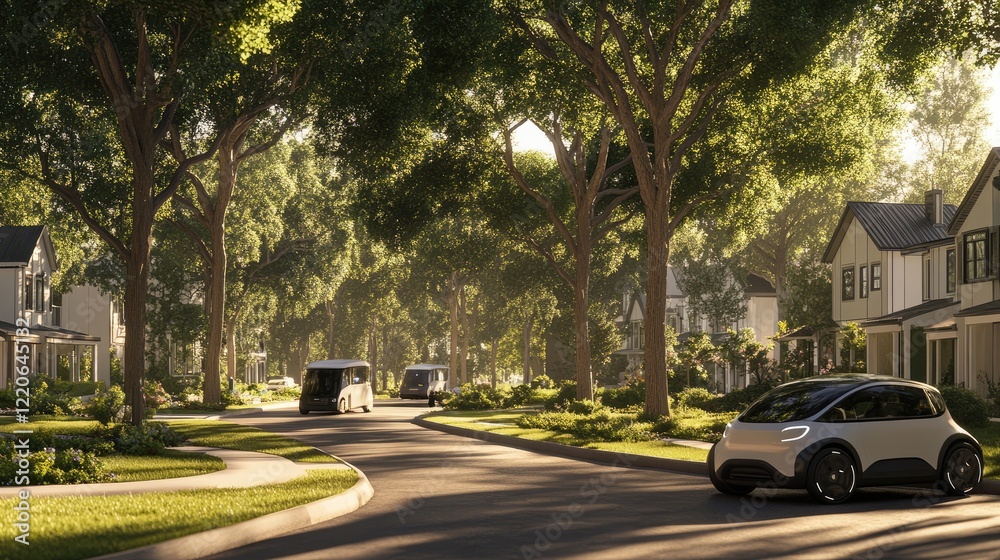 A peaceful residential street lined with trees and featuring electric vehicles parked in driveways. A peaceful residential street lined with trees and featuring electric vehicles parked in driveways.