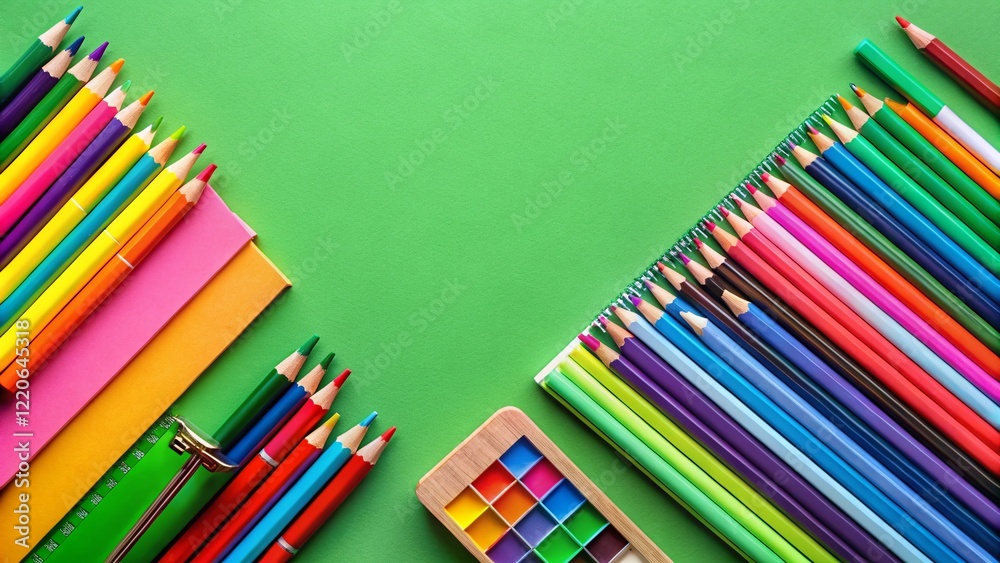 Fototapeta premium Colorful Back to School Supplies Flat Lay on Green Background - Stationery Photography