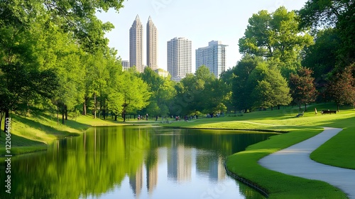 Fototapeta Naklejka Na Ścianę i Meble -  Serene View of Piedmont Park and Atlanta Skyline in Summer