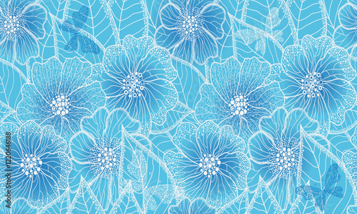 Vector spring blue seamless floral pattern. Floral organic background with dotted flowers and leaves. For textile, wallpaper and packaging.