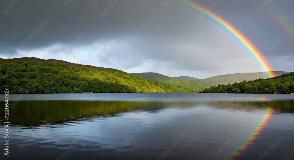 Naklejka premium A serene Irish lake reflecting the vibrant colors of a rainbow, AI Generated