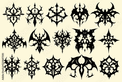 Set of cool gothic design elements, atmospheric vampiric weird gothic shapes