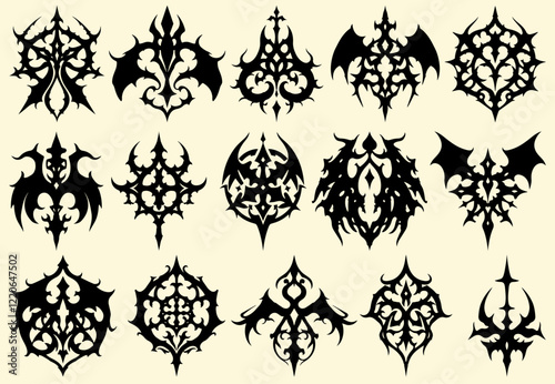 Set of cool gothic design elements, atmospheric vampiric weird gothic shapes