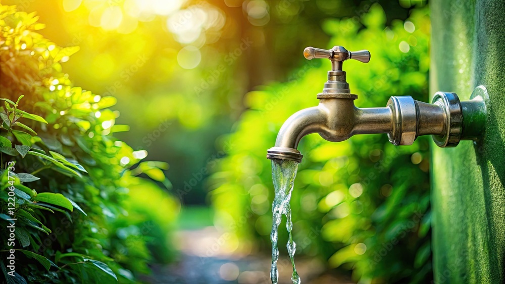 AI-generated digital art depicts lush greenery thriving under a flowing garden tap, a vibrant water feature. AI-generated digital art depicts lush greenery thriving under a flowing garden tap, a vibrant water feature.