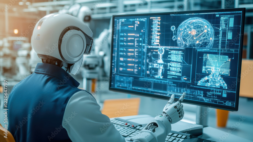 humanoid robot working on advanced AI research in futuristic laboratory, analyzing data and digital interfaces on high tech computer screen