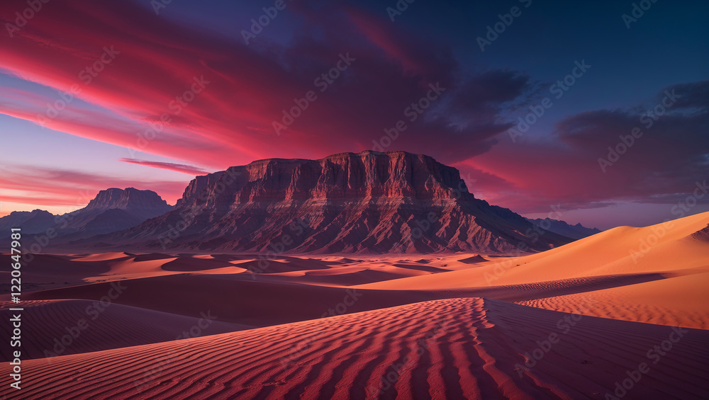 Fototapeta premium Majestic sandstone cliffs rising from the desert sands at sunset