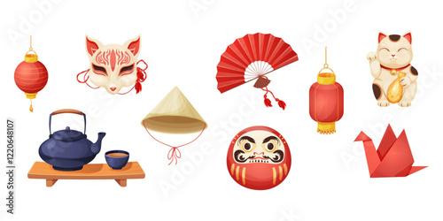 Japan set with traditional elements bonsai tree, koinobori flag, fun, maneki neko cat, origami crane and teapot with tea cups isolated on white background.