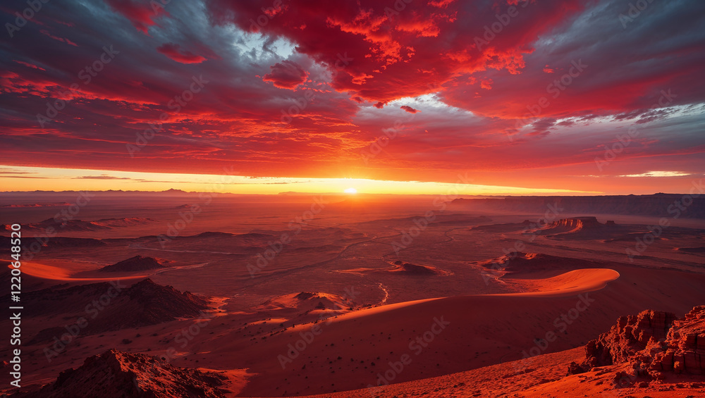 Fototapeta premium Majestic red sunrise illuminating vast desert landscape