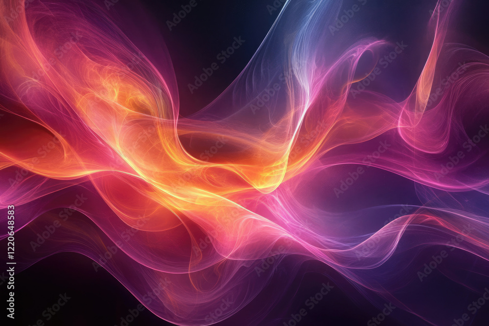 Fototapeta premium Abstract artwork featuring vibrant, flowing colors of pink, orange, and purple creating a dynamic, ethereal composition.