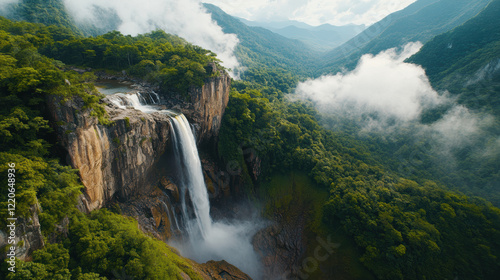high angle view of majestic waterfall plunging into lush green valley surrounded by dense forest and misty mountains, creating serene and breathtaking natural scene