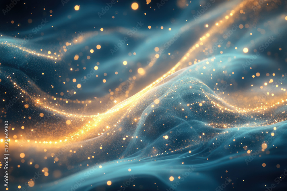 Obraz premium Abstract background with golden glitter particles flowing like waves on a dark blue surface.