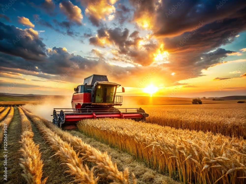 Fototapeta premium Combine Harvester Harvesting Wheat Field, Rural Agriculture, Sunny Day, Golden Hour Farm Equipment