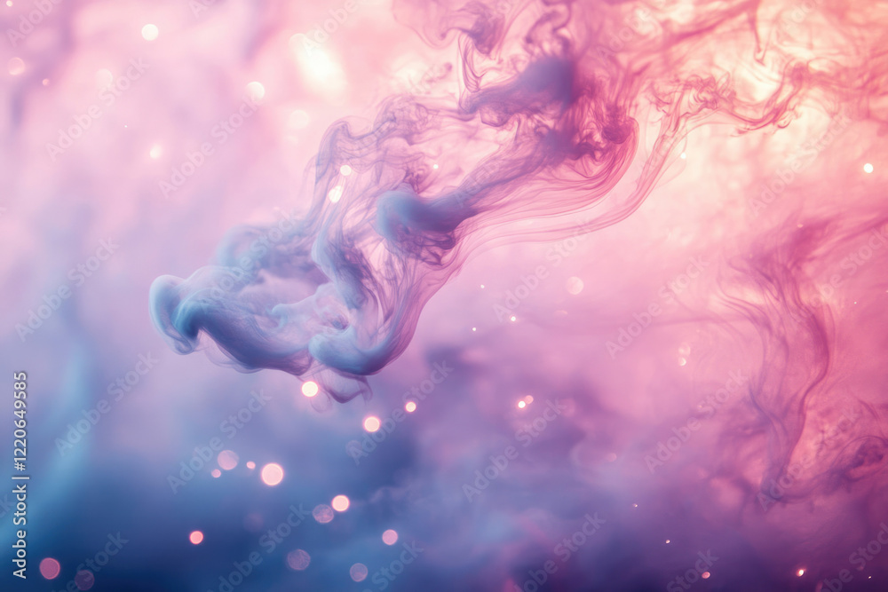 Fototapeta premium Abstract image of swirling pastel colored smoke with bokeh lights, creating a dreamy, ethereal atmosphere.