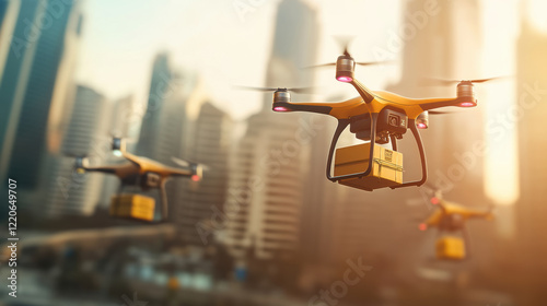 Autonomous drones delivering packages in futuristic urban cityscape, showcasing advanced technology and innovation photo