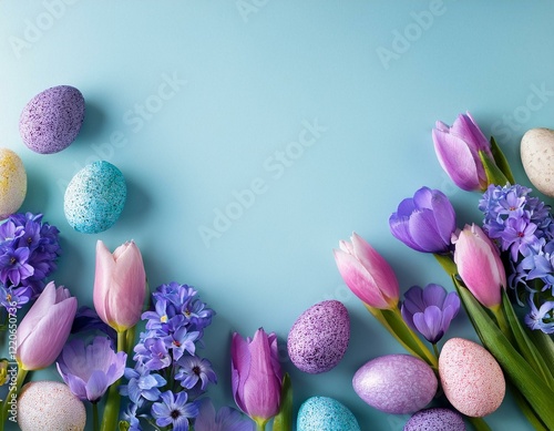 Easter background with many springtime flowers with Easter eggs on pale blue background. Generated image