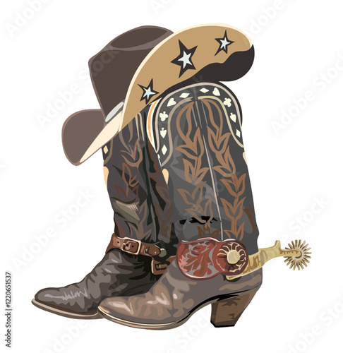 Pair of western cowboy boots with spurs and hat. Stylish cowgirl boots and hat embroidered with traditional american symbols. Realistic vector hand drawn illustration isolated 