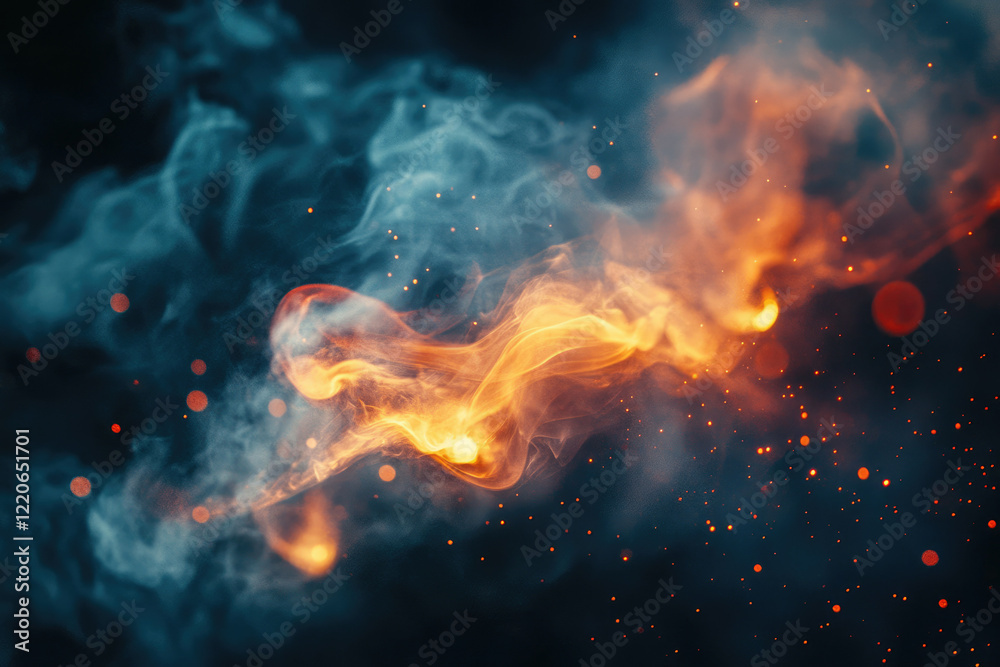 Abstract image of swirling smoke and fire with orange and blue hues, sparks and bokeh. Abstract image of swirling smoke and fire with orange and blue hues, sparks and bokeh.