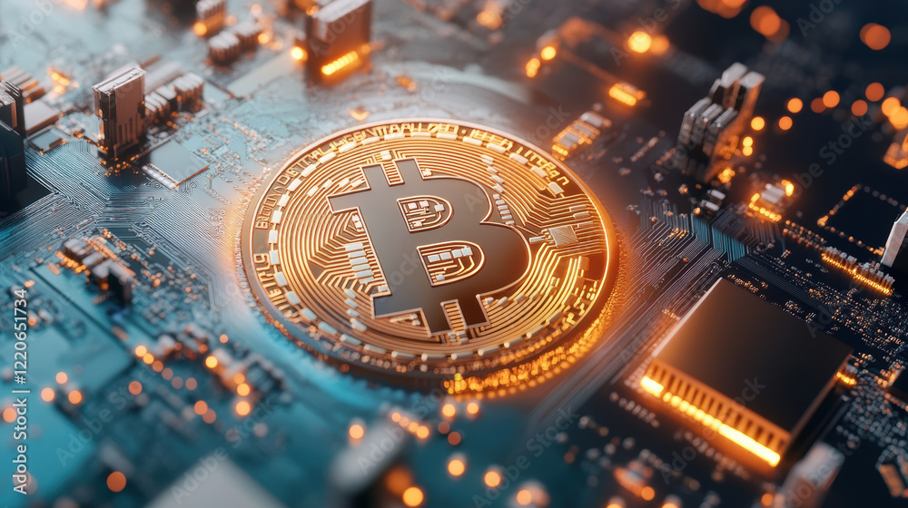 glowing Bitcoin symbol on futuristic circuit board, representing cryptocurrency and blockchain technology in digital financial ecosystem