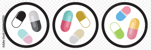 Set of Capsule glyph Pill icons. Medical capsule pictogram isolated on transparent background, soft gel capsule icons in flat styles. Medicament and pharmaceutical symbols. medical designs elements.