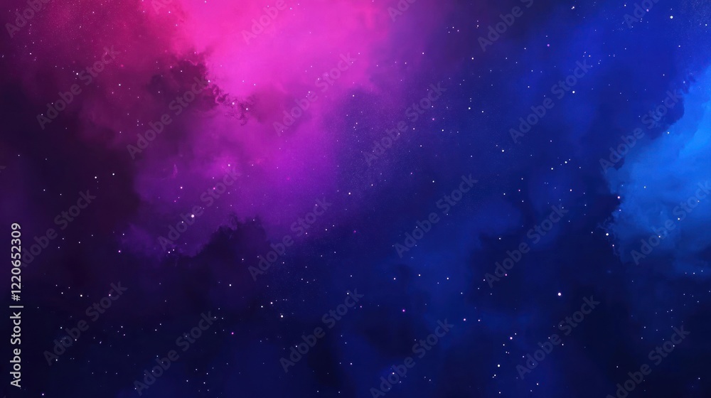 Obraz premium Abstract cosmic nebula with pink and blue hues, scattered stars.