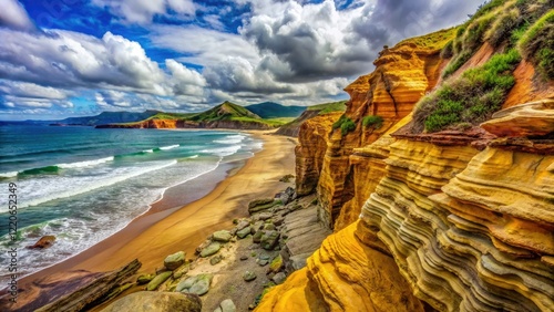 Close-up view of Hokianga Harbour's rugged cliffs, sandy beach detail, and rock textures near Arai te Uru. photo