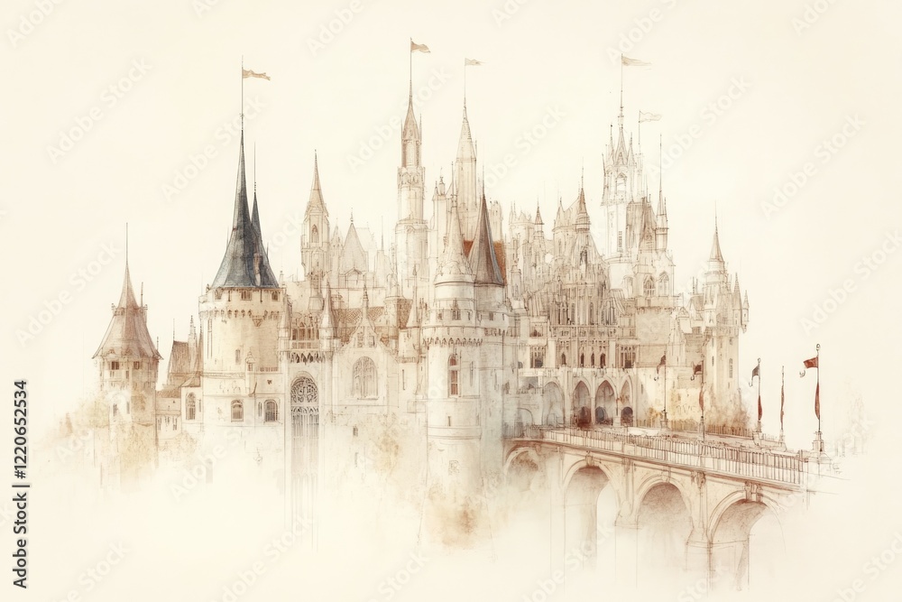Naklejka premium Magical Castle With Tall Towers and Waving Flags on a Misty Day
