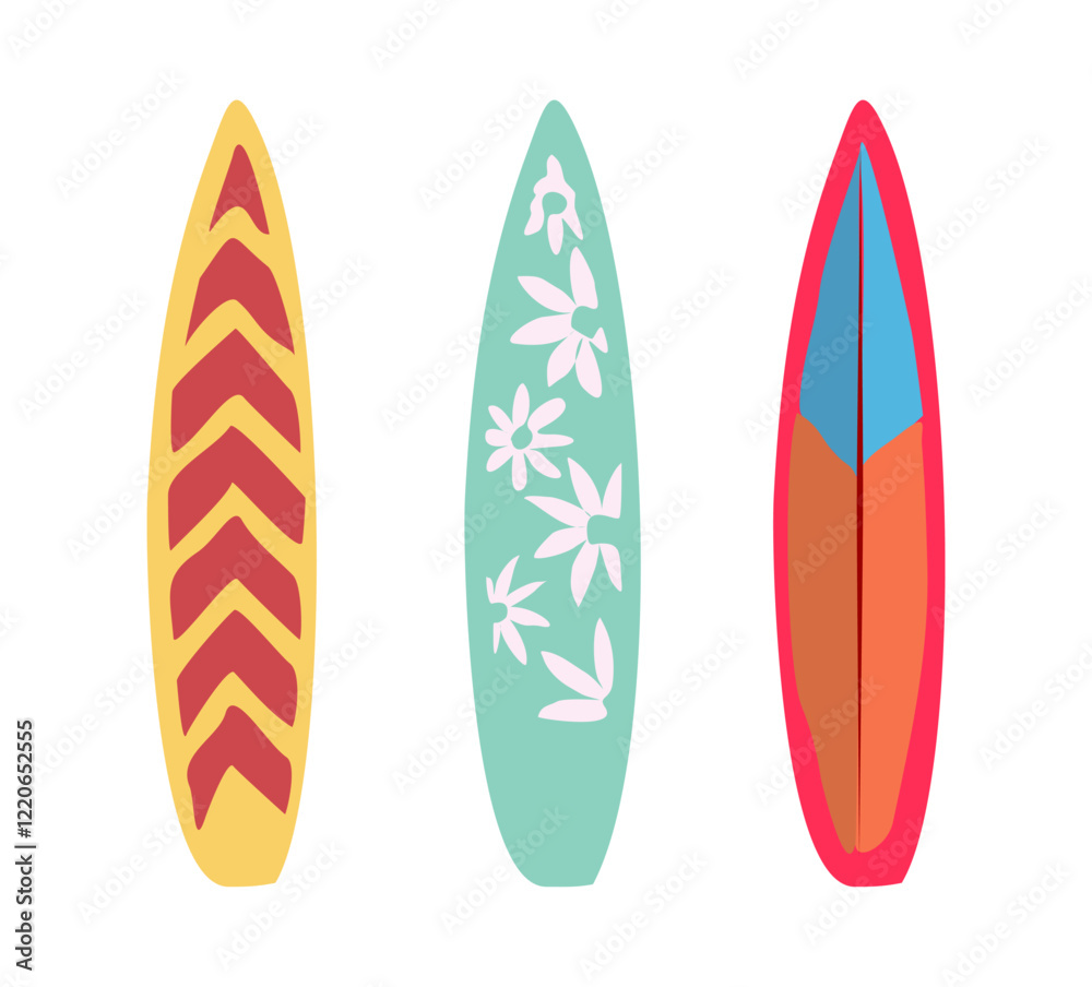 Set of Surfboards with tropic design. Vector flat illustrations isolated on transparent background. Set of Surfboards with tropic design. Vector flat illustrations isolated on transparent background.