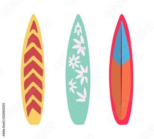 Set of Surfboards with tropic design. Vector flat illustrations isolated on transparent background.