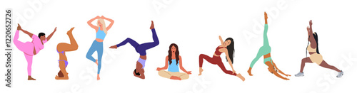 Set of different sportive young woman doing yoga, fitness exercises. Healthy lifestyle. Collection of female cartoon vector characters demonstrating various yoga positions isolated