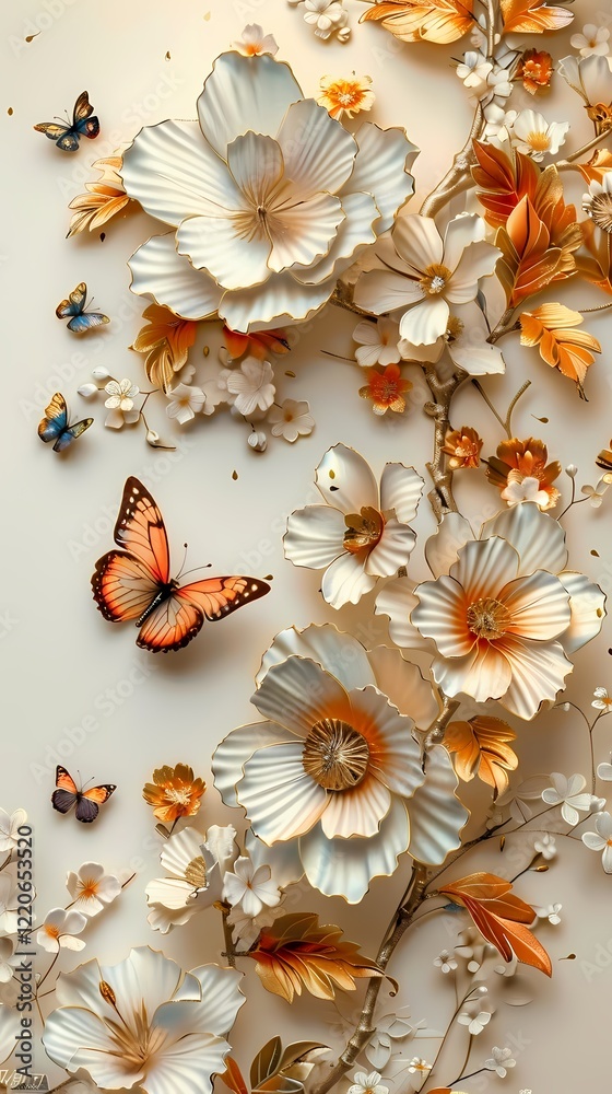 Obraz premium Digital platinum flowers and butterflies poster background