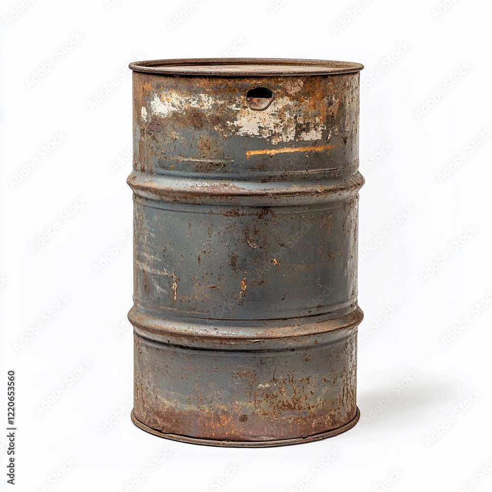 Old rusty metal barrel standing upright in a clean space Old rusty metal barrel standing upright in a clean space
