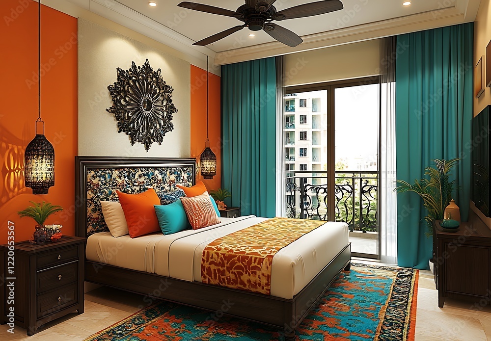 Fototapeta premium Orange Teal Bedroom Ceiling Fan, Patterned Bed, Wooden Nightstand