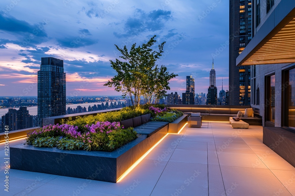custom made wallpaper toronto digitalModern Rooftop Garden Design Featuring Geometric Planters and Vibrant Flora Against a City Skyline at Dusk with Warm Lighting Accents