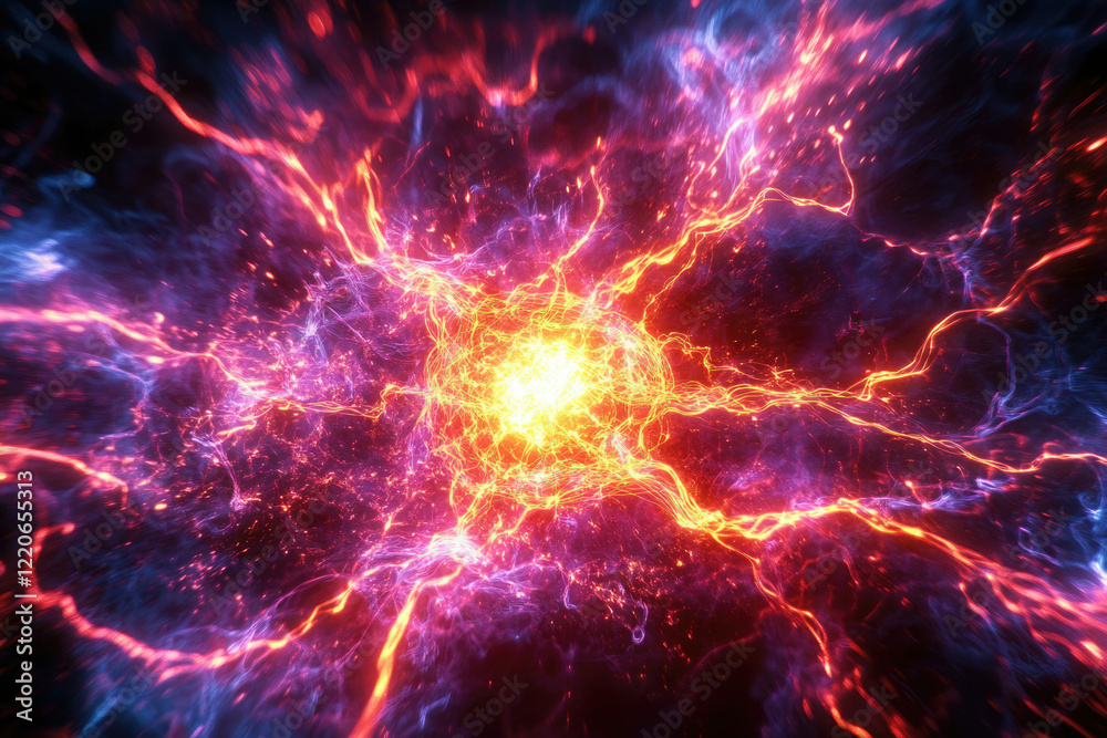 Fototapeta premium Abstract cosmic energy explosion with vibrant red and blue lightning streaks, radiating outwards from a bright core.