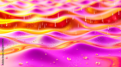 A vibrant, wet rainy scene a wavy golden and purple metallic 3D background.  Lively and energetic, with drizzling rain and reflective surfaces