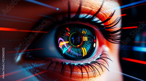 A long-exposure photograph of a futuristic cyber eye with digital enhancements, showcasing iridescent colors and reflections. The image captures motion or light trails, highlighting the iridescence