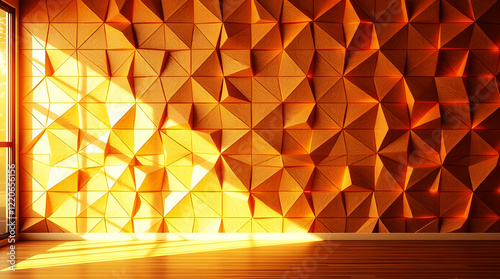 A high-resolution stock photo of a luxurious 3D geometric wallpaper with golden accents, illuminated by warm golden hour light, showcases adorable and charming features with soft light,