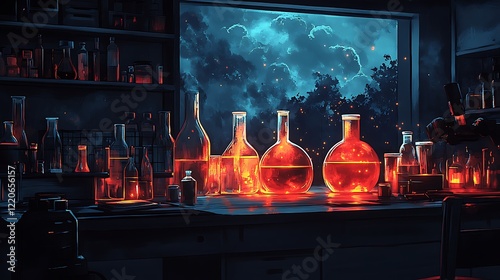 Illuminated Laboratory Bottles Glowing Under Night Sky photo