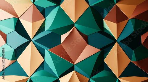 A high-angle perspective of a luxurious 3D geometric wallpaper with golden accents, reveals vibrant complementary colors, contrasting tones, and balanced color schemes from an elevated viewpoint