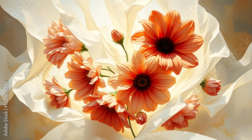 A classic oil painting depicting ethereal flowers enveloped in a translucent white sheet, rendered in a grand, epic scale with heroic elements, rich textures, visible brushstrokes, and an amazing lens