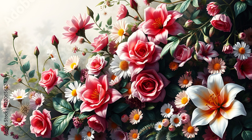 3D botanical floral background vibrant intricate flowers roses lilies daisies lush green leaves vines lifelike three dimensional depth dynamic visually captivating soft cinematic haze classic oil pain