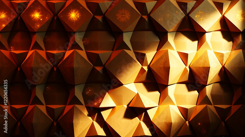 A 3D geometric wallpaper with golden accents, rendered in a luxurious style, features intense dramatic lighting, hazy soft light, and high contrast to create a soft, dreamy, and tense atmosphere