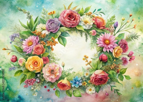 Elegant watercolor floral wreath portrait, botanical art.