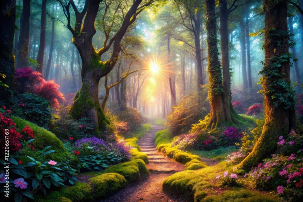 Obraz premium Enchanting forest trail: a whimsical, mystical journey through a magical panoramic landscape.