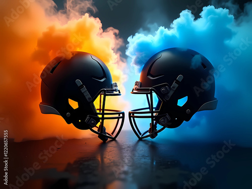 Two rugby balls positioned face-to-face, symbolizing competition on Super Bowl Sunday, generative ai