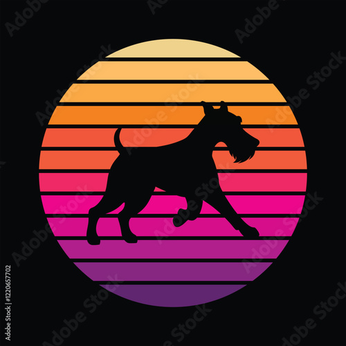 Vintage Sunset Airedale Terrier Silhouette in Retro Vector