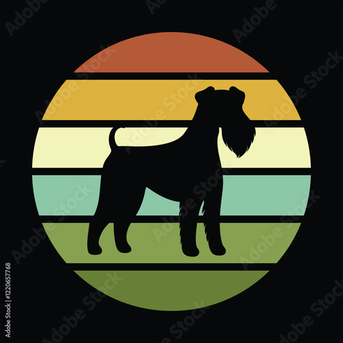 Retro Airedale Terrier Silhouette with Warm Sunset Scene
