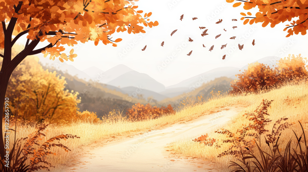serene autumn path surrounded by golden foliage, faded yellows, and browns, with tranquil atmosphere and distant mountains under soft, warm light serene autumn path surrounded by golden foliage, faded yellows, and browns, with tranquil atmosphere and distant mountains under soft, warm light